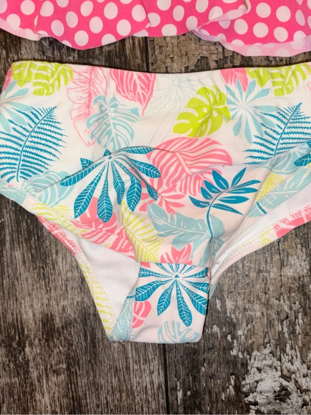 Girls Pink Tropical One-Piece Swim with Polka Dot Skirt